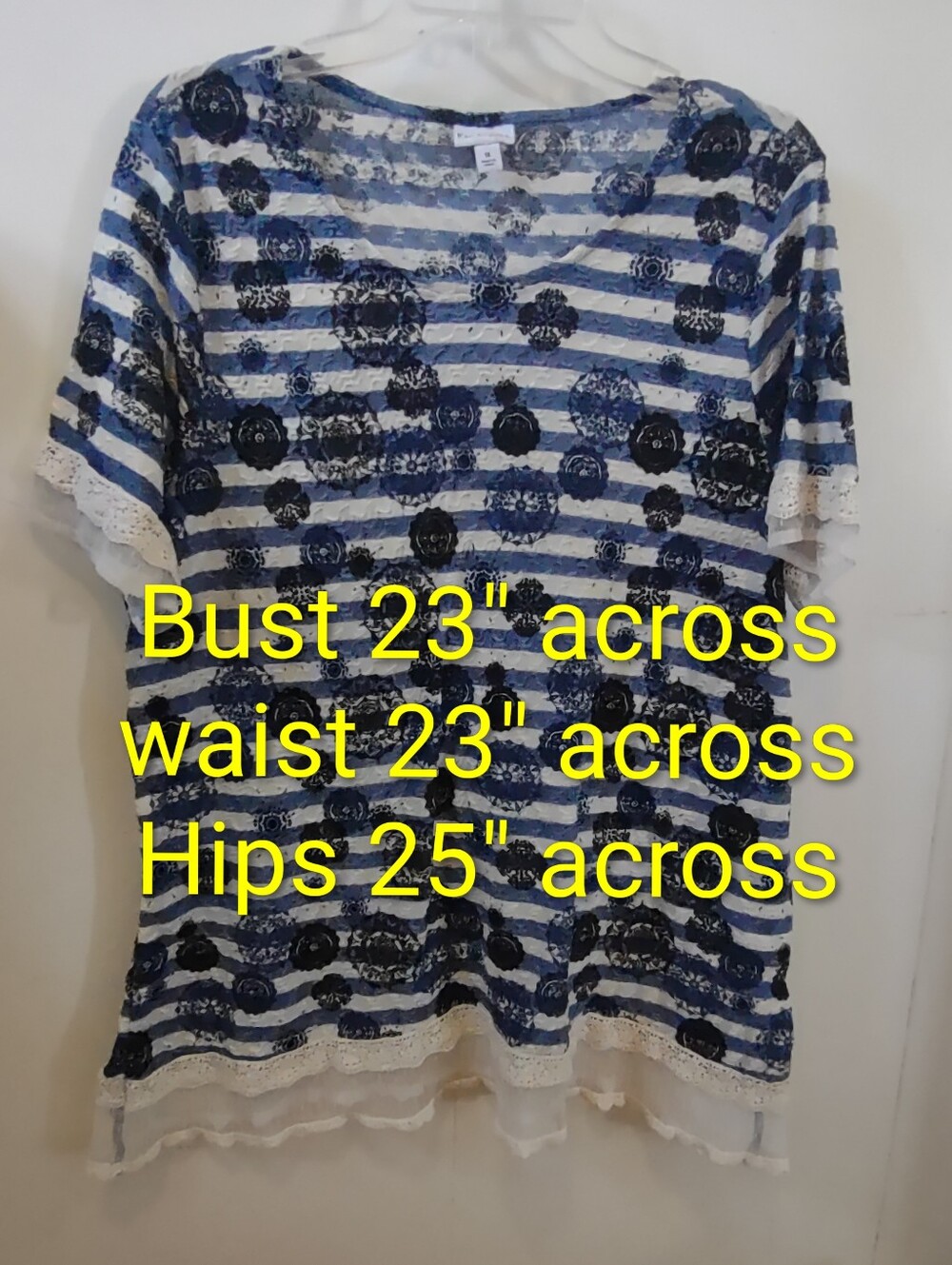 Blue & White Striped Lace Trim Embellished Tunic Top Plus Size 1X - Picture 6 of 13